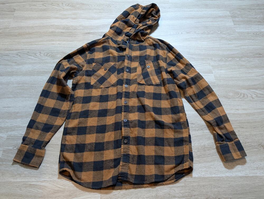 Company Eighty One Mens M Brown Black Buffalo Plaid Hooded Flannel Shirt Jacket